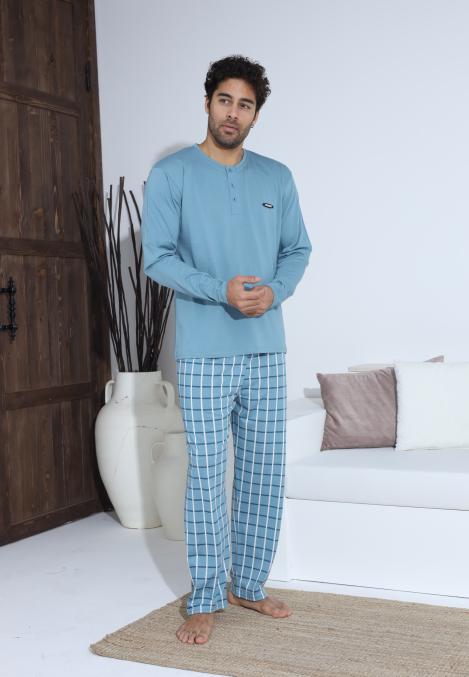 Pijama Barbati ,Maneca si Pantaloni Lungi,Culoare Turcoaz cu Alb,Engros